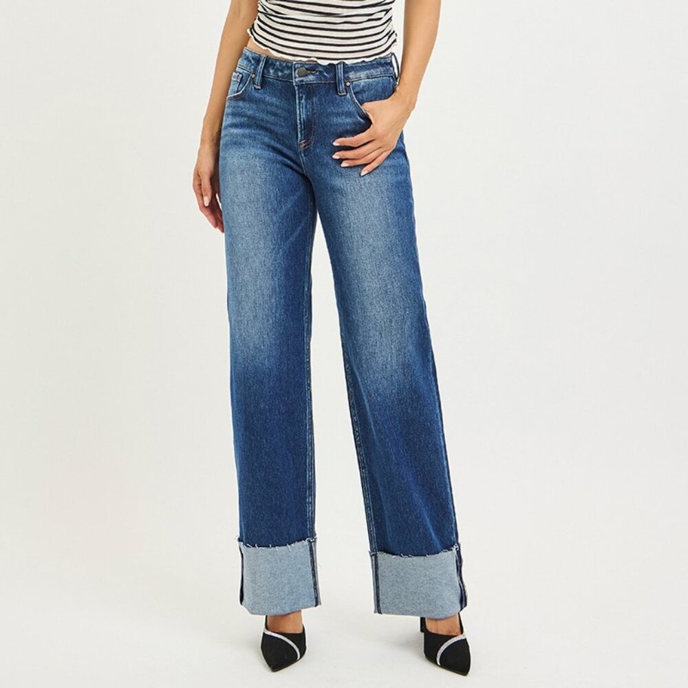 RISEN Mid Rise Wide Straight Jeans With Wide Cuff